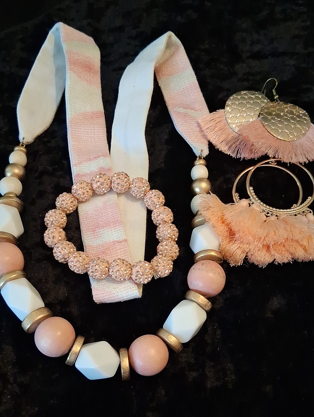 Coral Pink Beaded Necklace & Bracelet W/Tassel Earrings. 26 In L.